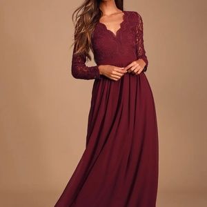 Awaken My Love Burgundy Long Sleeve Lace Maxi Dress